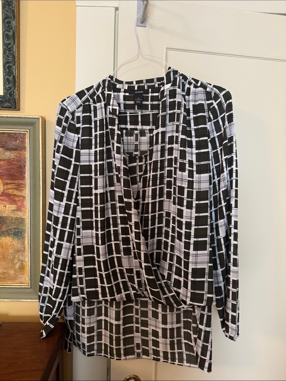 Alfani Black and White Geometric Wrap Blouse